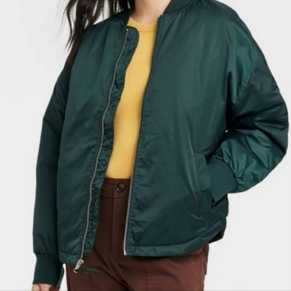 Satin Bomber Jacket Lightweight Oversized Forrest Green Pockets Zip Size Small